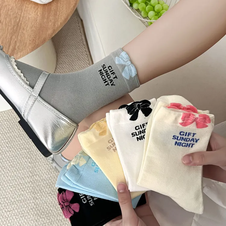 防滑字母女蝴蝶结夏季中筒袜薄款刺绣法式可爱休闲风新款百搭