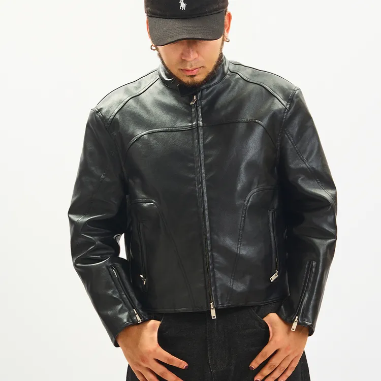 AIRCIOOC【克里希干】CleanFit短款圣达菲皮衣立领PU黑色外套夹克