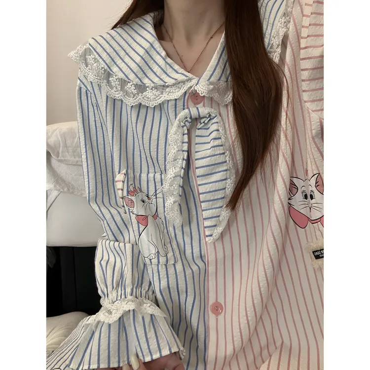 少女可爱卡通条纹长袖睡衣女春秋季蕾丝拼接开衫长裤家居服两件套