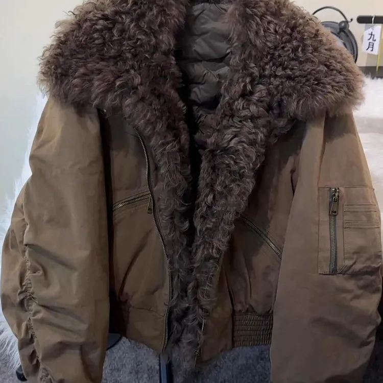 美式大毛领工装棉服女装短款2025冬季新款宽松加厚派克服棉衣外套