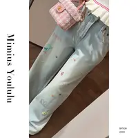 【mimius】肉肉 设计感彩线刺绣重工烫钻高腰牛仔裤 WG04059