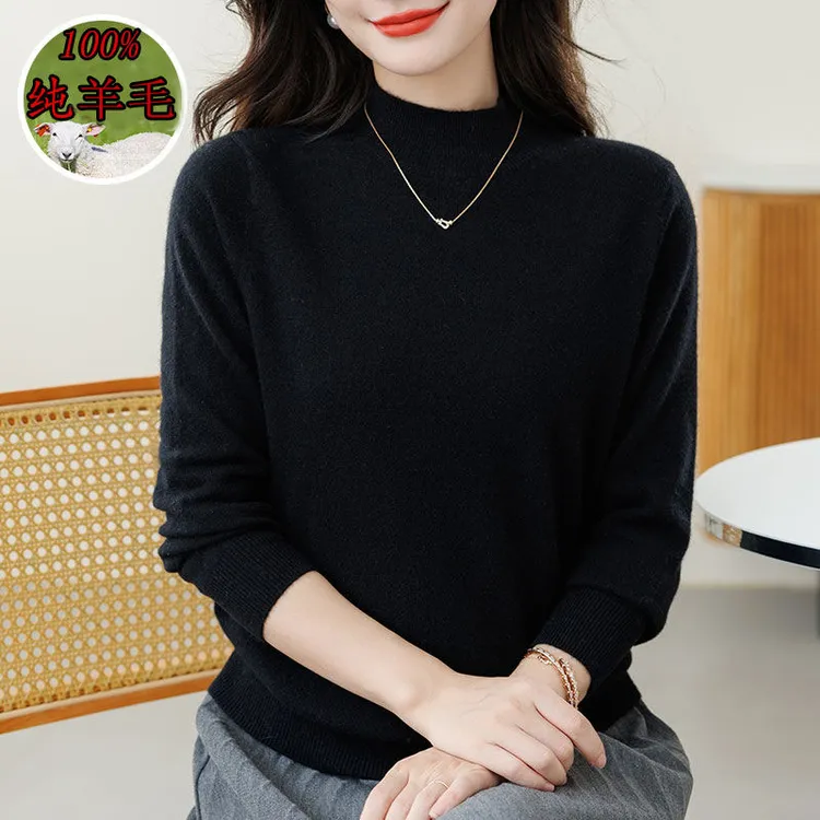 妈妈装冬季半高领100%纯羊毛加厚保暖纯色针织衫百搭软糯宽松上衣