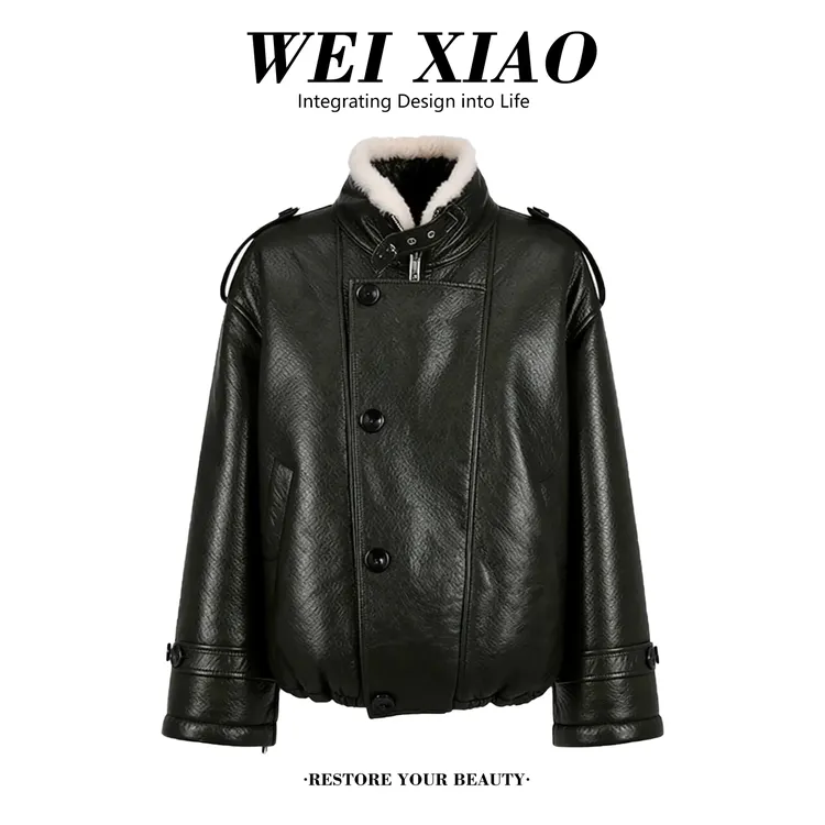 韩版加厚短外套女冬季时尚复古百搭拼接毛领保暖设计感短外套时髦