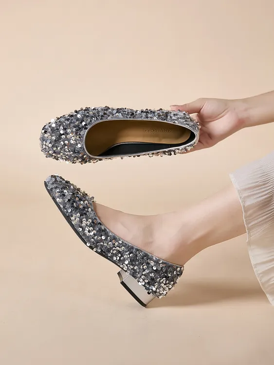 女鞋豆豆鞋胶粘圆头玛丽珍鞋防滑浅口低跟法式亮片百搭单鞋5262-6