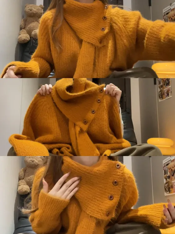 时髦氛围感围脖软糯针织毛衣女秋冬季新款加厚慵懒风气质显瘦上衣