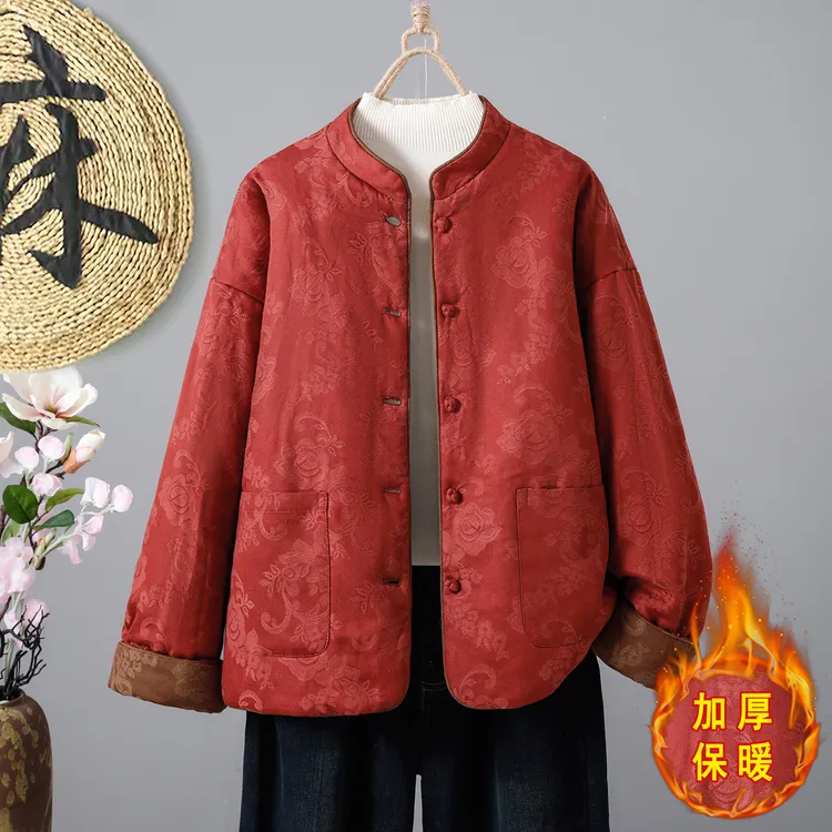 双面双穿新中式提花复古盘扣加厚棉服外套女2025冬季新款宽松保暖