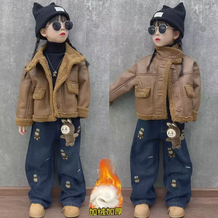 女童韩系时尚皮衣外套秋冬款洋气时尚机车服加绒加厚冬款皮衣套装