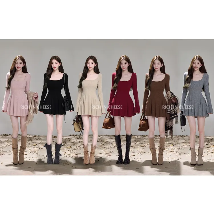 舒胡蕾 茶香可颂【短裙版合集】 秋冬长袖高弹针织显瘦收腰连衣裙