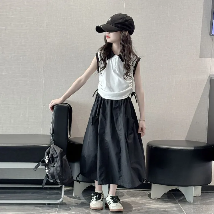 女童背心半身裙套25新款长裙女孩大童夏日绝美小裙超好看蓬蓬裙子