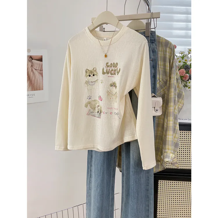 早秋韩系漂亮正肩圆领长袖T恤女钉珠可爱猫咪印花设计打底衫上衣