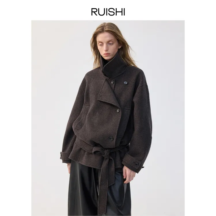 RUISHI芮时冬日来信100绵羊毛立领廓形短毛呢外套女冬R25D110203