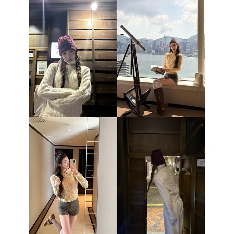 「高智感小圆」翻领/立领两穿绞花针织上衣 学院减龄好搭配C 9811#