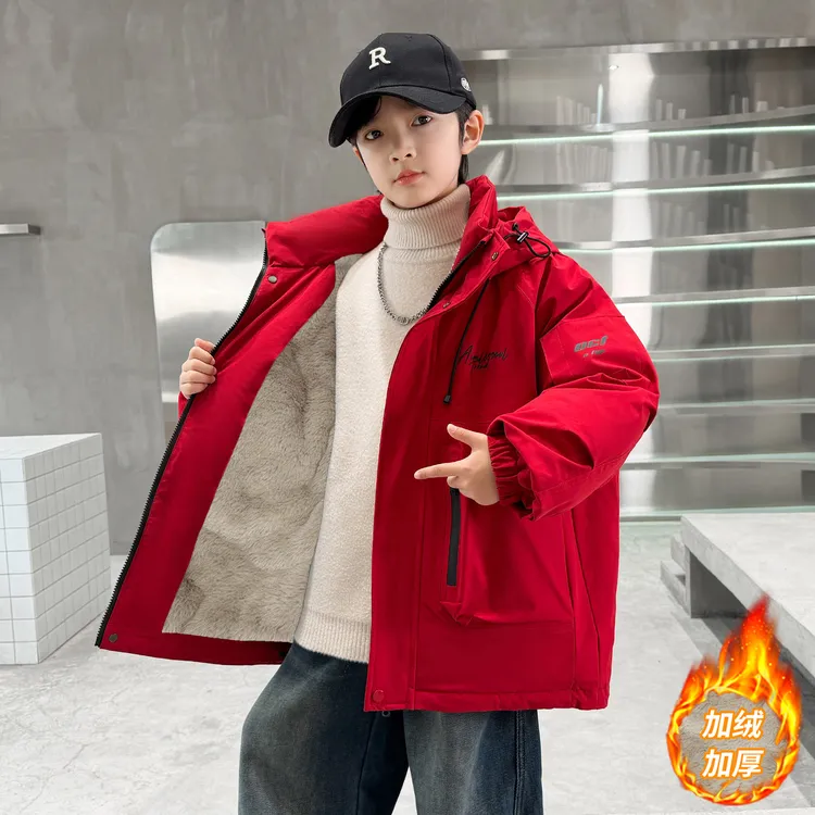 男童秋冬款外套2025新款大童冬装儿童红色男孩冬季派克服加绒加厚