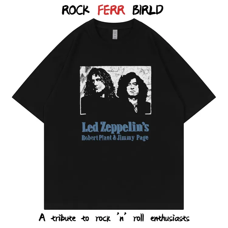 Led Zeppelin乐队复古美式街头vtg落肩宽松纯棉圆领摇滚短袖T恤黑
