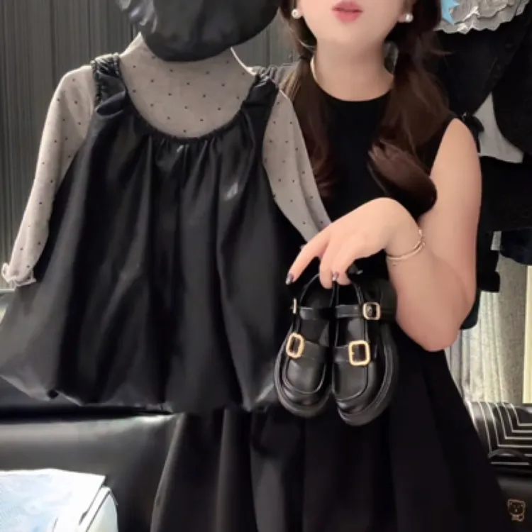 女童连衣裙秋装2025新款小女孩韩系复古碎花打底衫儿童花苞背心裙