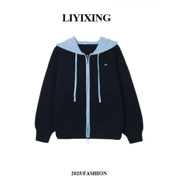 连帽拼色针织开衫2612