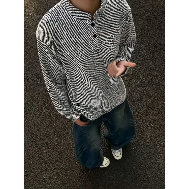 小香风条纹亨利领卫衣男款早秋穿搭高级感重磅套头衫潮牌休闲外套