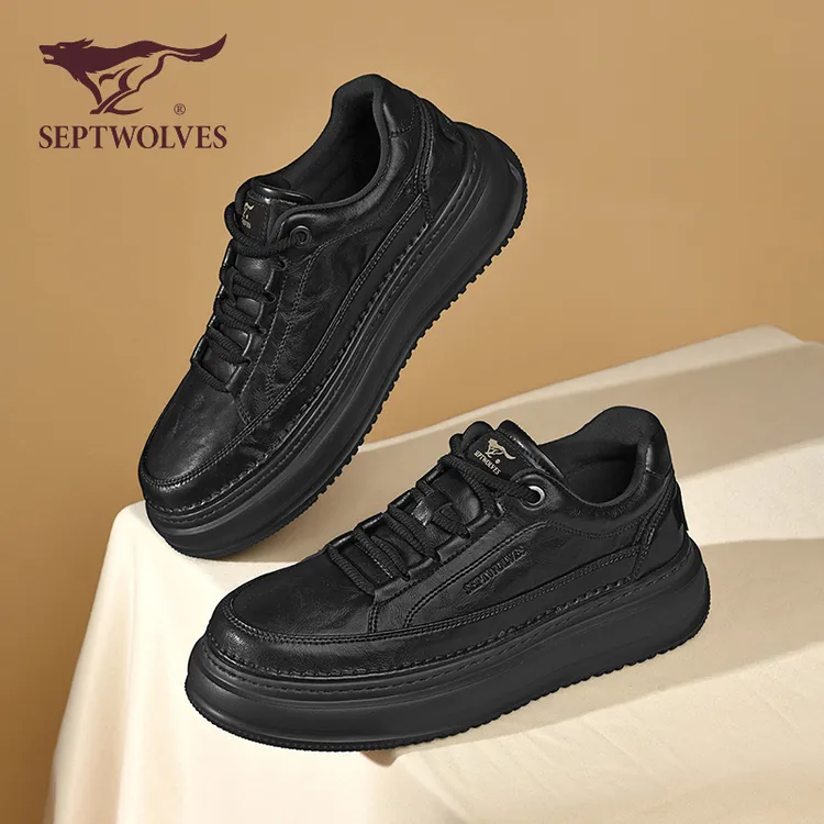 七匹狼男鞋2025新款秋季全黑色厚底板鞋男增高休闲鞋百搭休闲皮鞋