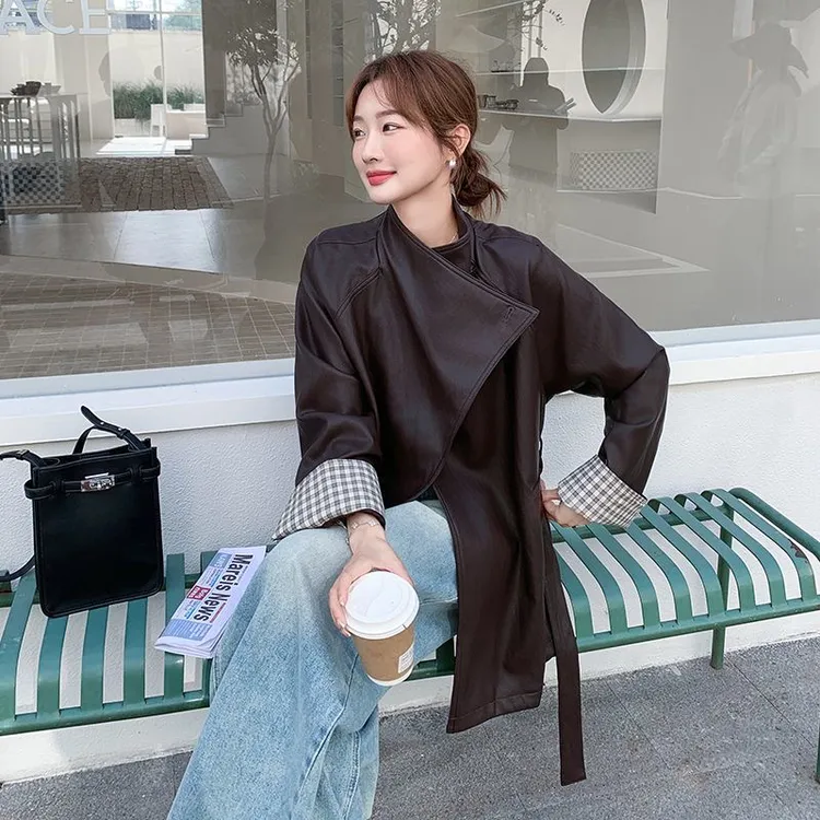 时尚休闲百搭中长款PU皮衣女宽松显瘦春秋外套