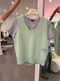 （青苹果乐园）韩国代购早秋显瘦极简水滴领背心+打底半袖套装#4002