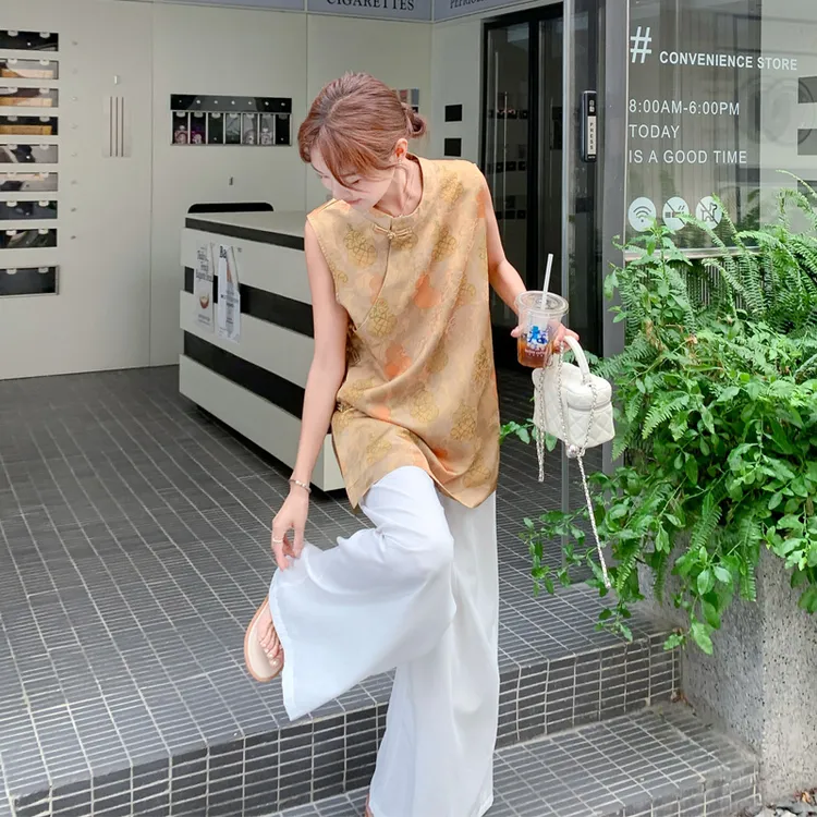 新中式国风无袖印花上衣阔腿裙裤2025夏季新款时尚优雅气质两件套