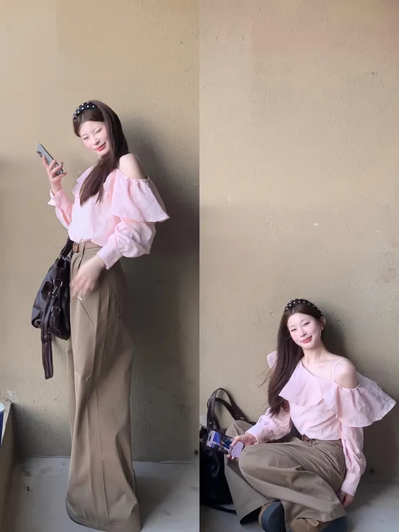 女装禅意仙气飘飘甜美可爱斜肩长袖上衣女秋季新款时尚阔腿直筒裤