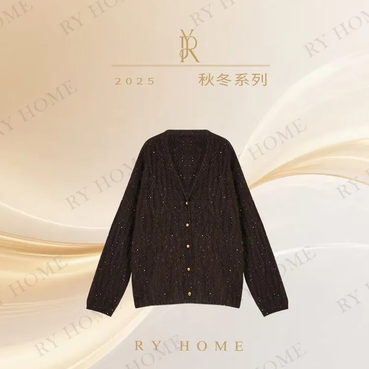 【容雨RYHOME】绵羊毛混纺V领亮片拉绒开衫外套253W2502
