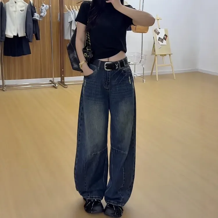 大码美式阔腿牛仔裤女秋季2025新款胖mm显瘦直筒弯刀梨型身材裤子