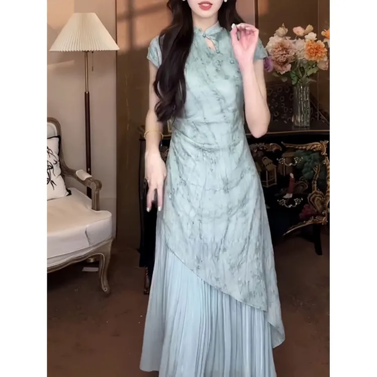 大码新中式短袖连衣裙女夏季收腰显瘦A字长裙胖MM不规则旗袍裙子