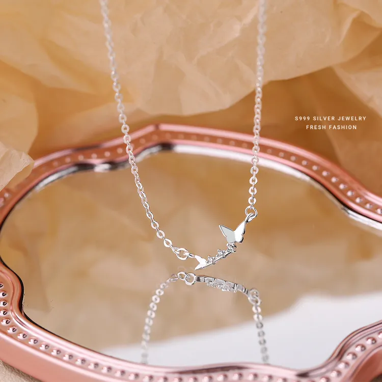 坠链均足银 森系仙女风蝴蝶项链女小清新百搭轻奢锁骨链韩版纯银