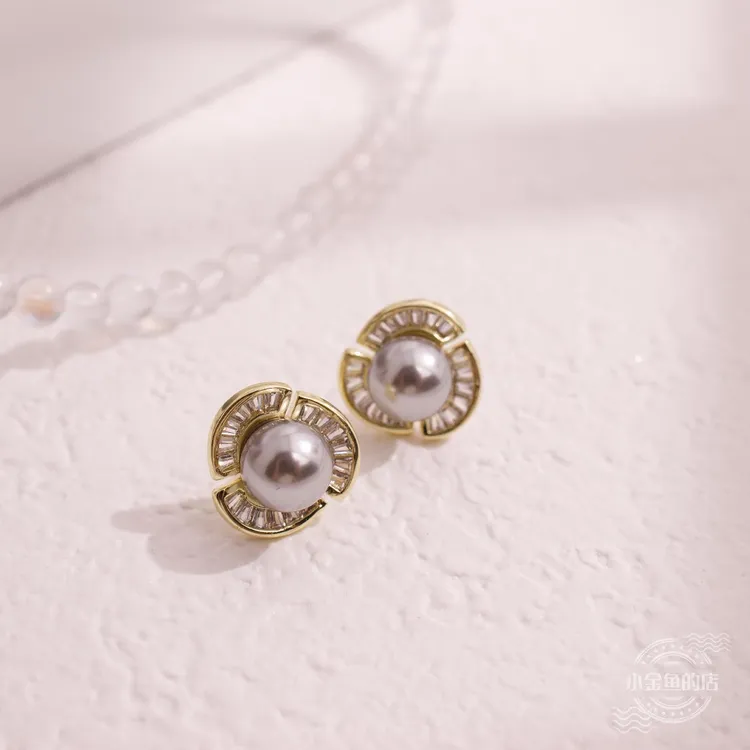 合金耳饰 【灰珍珠】简约精致微镶锆石珍珠花朵耳钉耳环耳饰