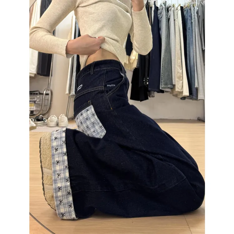 蝴蝶结拼接牛仔裤女2025春秋新款小个子高腰宽松垂感阔腿拖地长裤