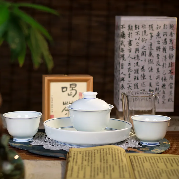 景德镇草木青盖碗壶承主人杯手工高档个人专用茶具套装悬停泡茶碗