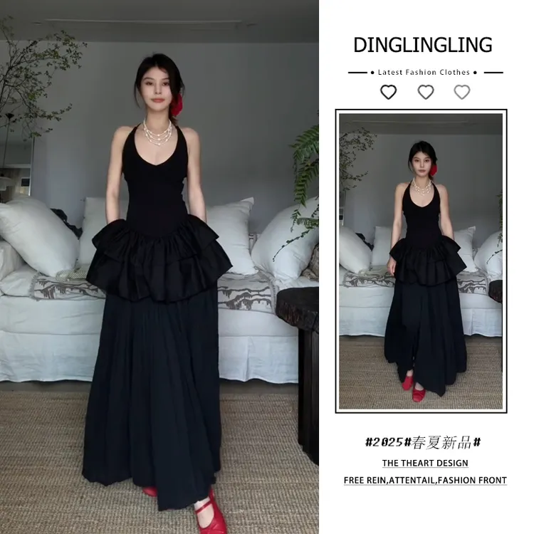 2025年春夏季新款穿搭套装女法式气质黑色无袖上衣半身裙两件套潮