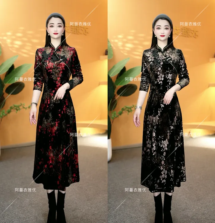 【衣雅严选】8121-1394#新款气质新中式高定水晶绒烫金旗袍连衣裙