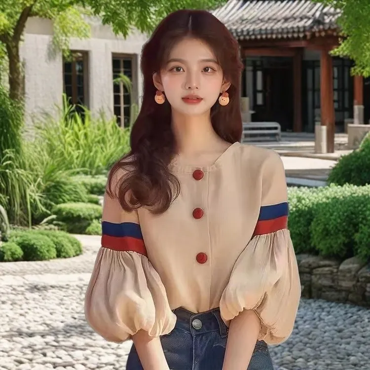法式设计感超好看上衣女秋季2025新款洋气衬衣减龄杏色灯笼袖衬衫