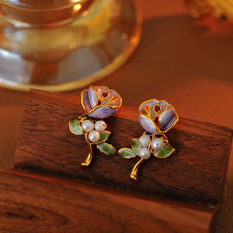 铜合金亚克力耳饰 复古法式精致温柔春夏珐琅滴釉郁金香花朵气质