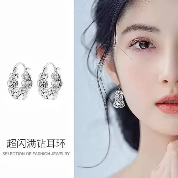 铜合金耳饰 时尚闪钻锆石圈圈耳扣女精致耳钉耳环耳饰