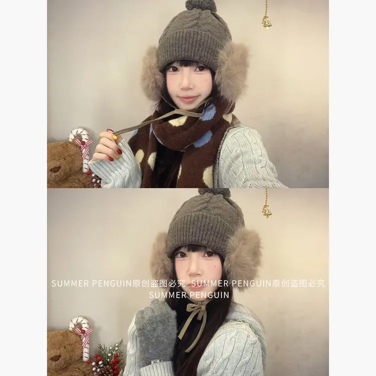 SUMMER PENGUIN韩版毛绒球绑带针织雷锋帽子女保暖可爱护耳毛线帽
