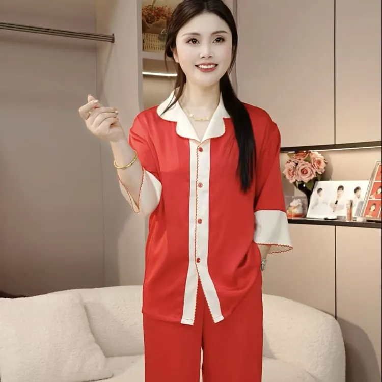 【王小七】2026春夏季新款拼接月牙边冰雪丝家居服套装