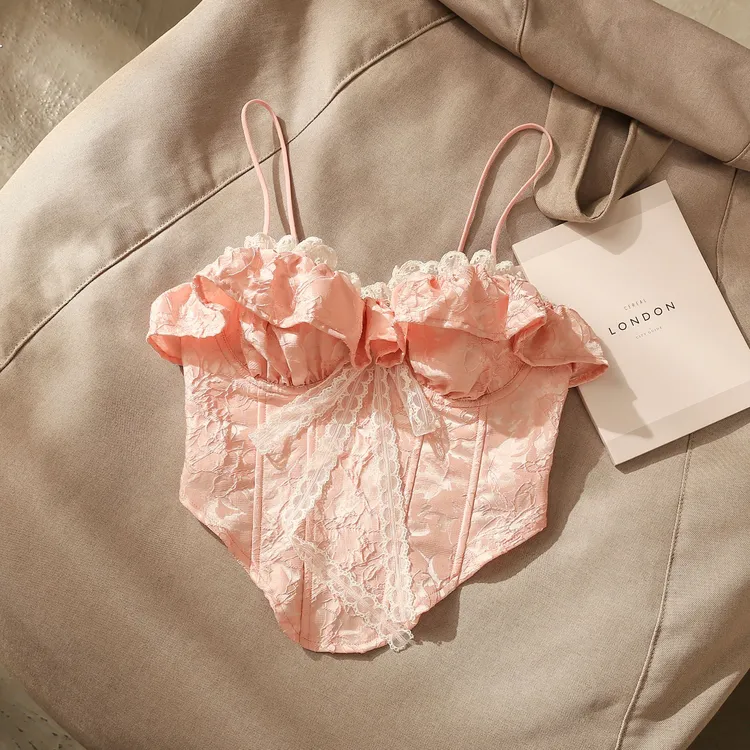 纯欲风粉色蕾丝吊带背心女带胸垫文胸一体收腰短款鱼骨胸衣可外穿