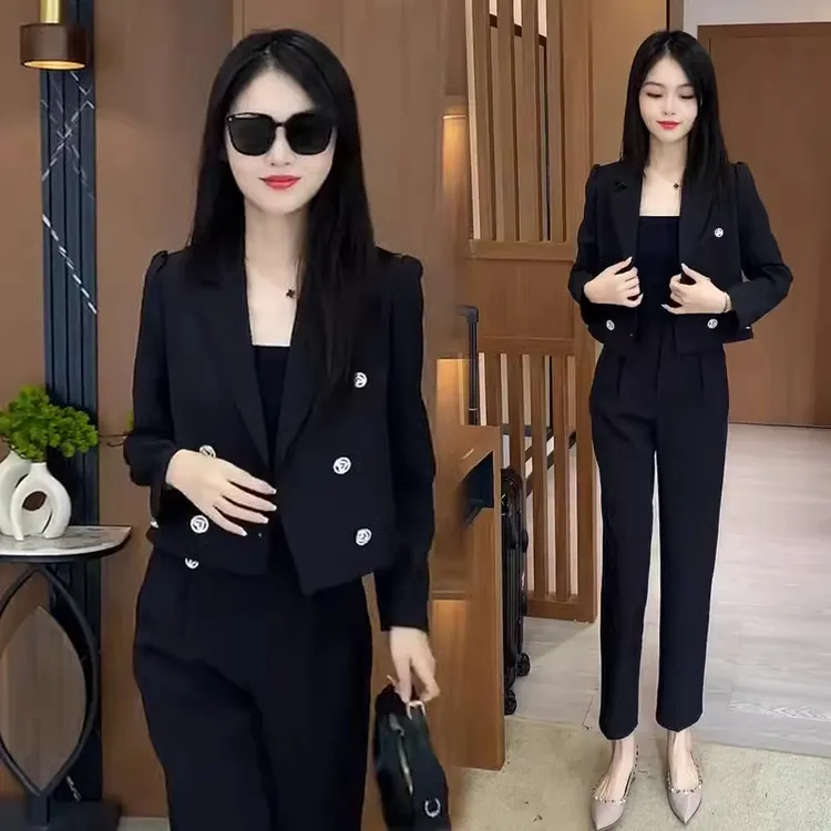短款小西服套装女春秋新款时尚气质显瘦小个子职业西装西裤两件套
