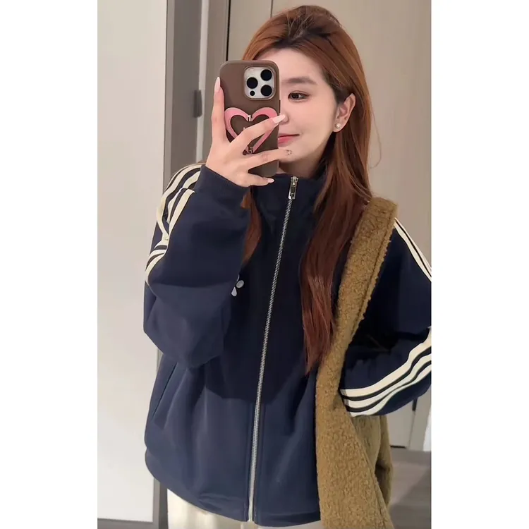 三条杠外套女加绒加厚开衫2025秋冬新款立领卫衣百搭运动上衣夹克