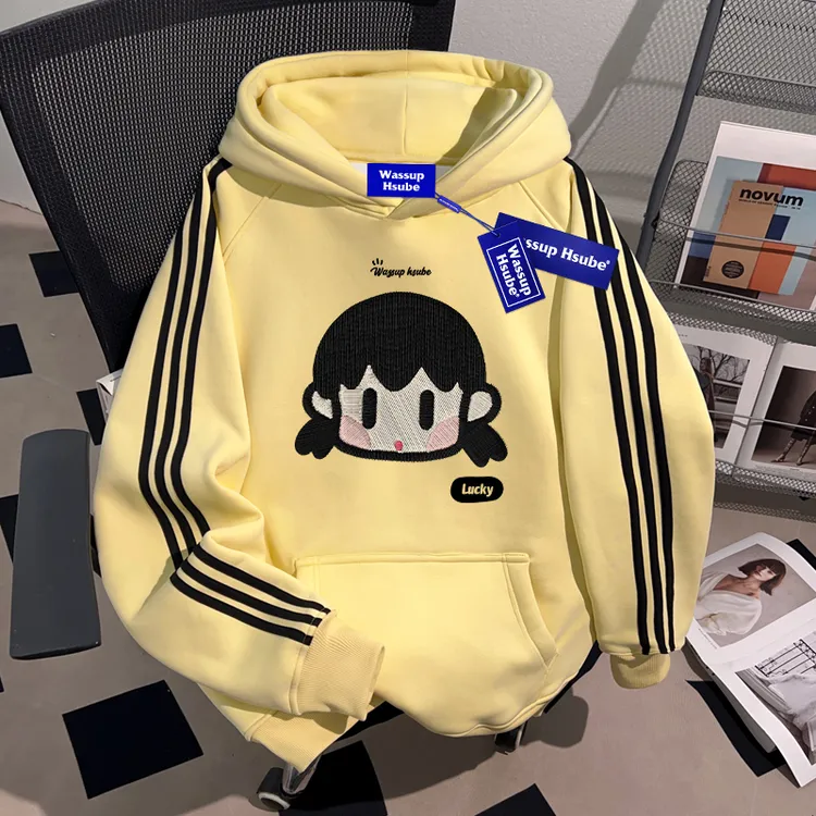 WASSUP HSUBE三条杠美式连帽卫衣复古女孩卡通印花宽松男女上衣服