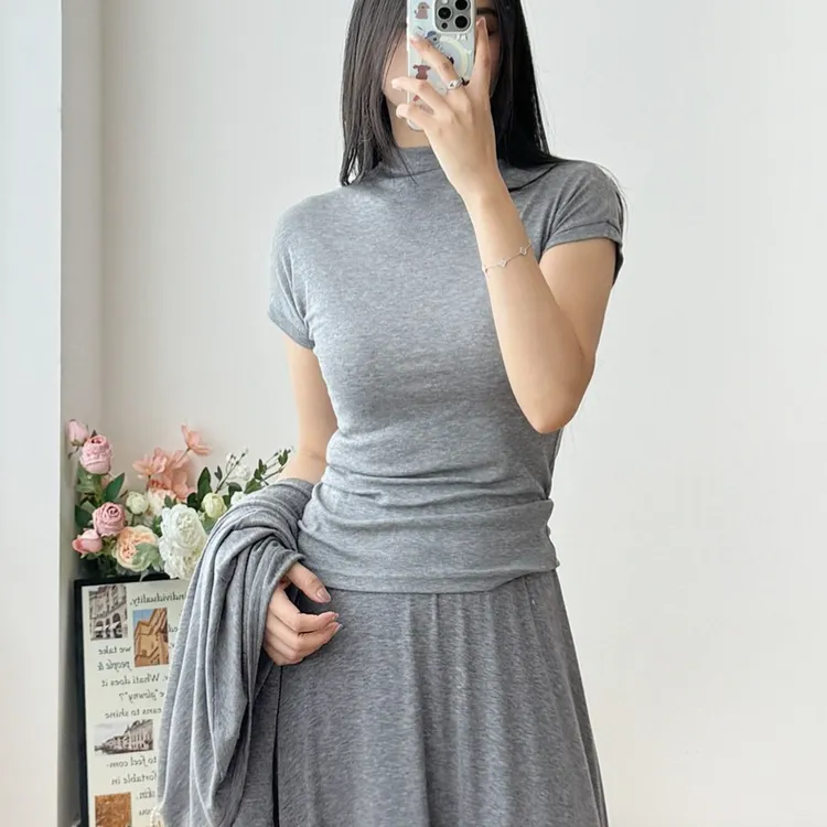 月光流萤 慵懒老钱风半高领短袖上衣 可机洗天丝羊毛纯色百搭T恤