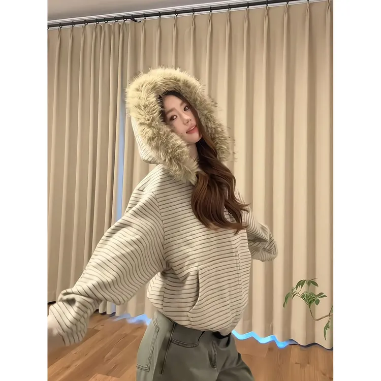 辣妹美式慵懒风加绒条纹开衫卫衣女秋冬季灰色百搭毛领连帽外套潮