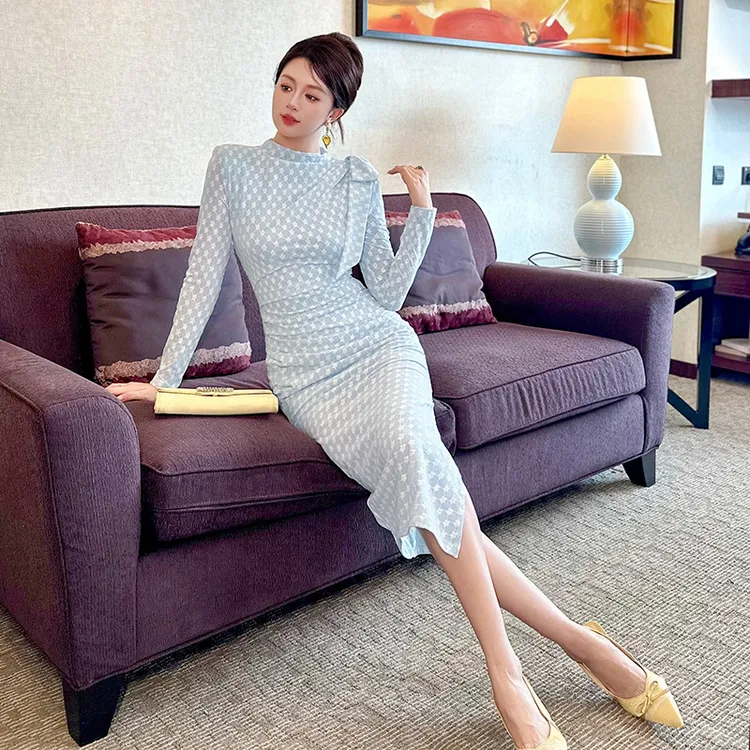 NaiAn/奈安显瘦气质时尚开叉修身复古中长款包臀名媛连衣裙56009