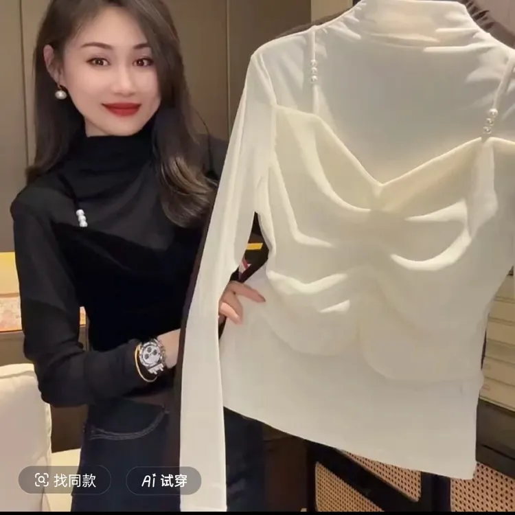 舒适静奢风法式半高领长袖女T恤秋冬半高领显瘦网红气质洋气时尚