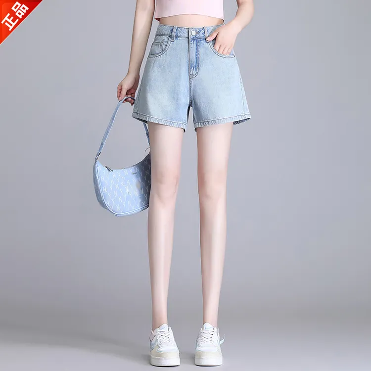 正品2025新款高级感夏季牛仔短裤高腰浅蓝阔腿牛仔裤时尚百搭爆款