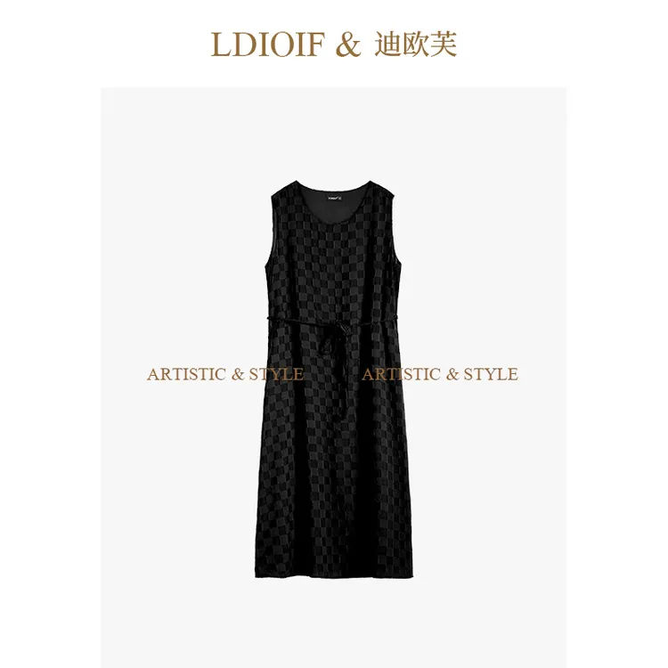 迪欧芙|新品高级莱赛尔天丝/格纹剪花工艺 黑色背心裙#XLQ18190
